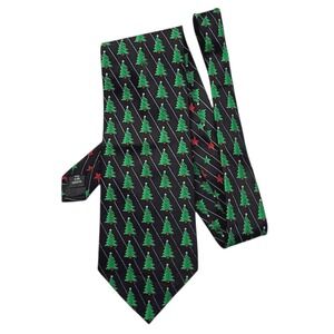Holidays Black Green Christmas Tree Red Stars Necktie 100% Silk Festive Novelty‎